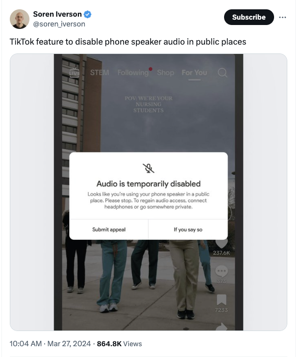 screenshot - Soren Iverson Subscribe iverson TikTok feature to disable phone speaker audio in public places Stem ing Shop For You a Pov We'Re Your Nursing Students Audio is temporarily disabled Looks you're using your phone speaker in a public place. Plea